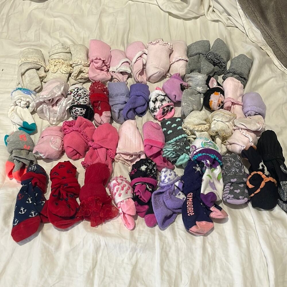 46 pair socks solids and prints euc no rips or holes fits 2-5 yr old girl